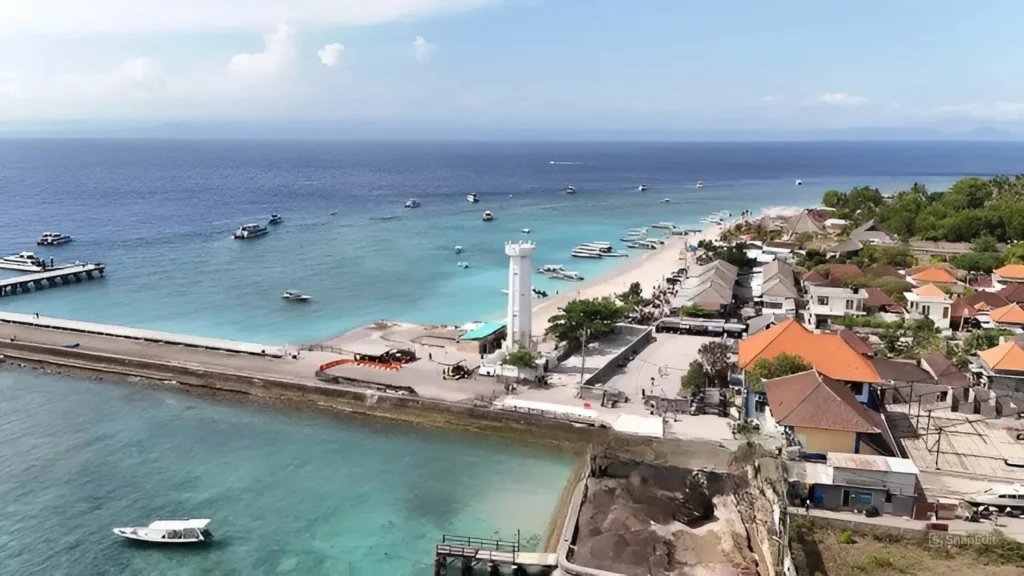 Banjar Nyuh Port Facilities including waiting area, ticket counters, and boarding access at Nusa Penida port.